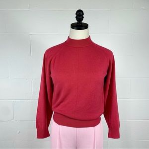 Vintage 80s Classic Pink Acrylic Knit Sweater Mock Neck Back Zip Petite Small